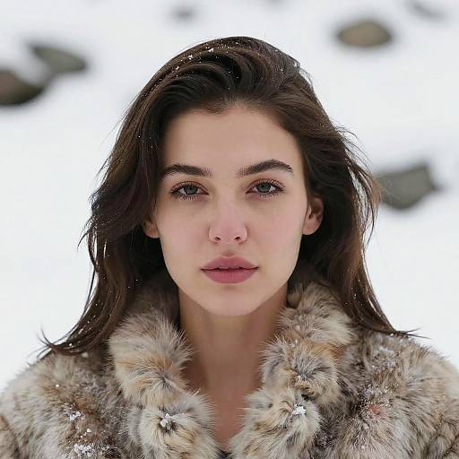 Photograph of a young woman with fair skin, dark brown hair, and blue eyes, wearing a fur coat, standing in a snowy landscape.