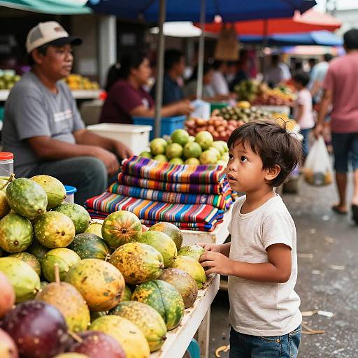 Photograph of a young boy with short black hair, wearing a white t-shirt, standing at a colorful outdoor market stall with coconuts, striped