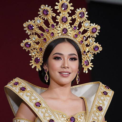 Photograph of an Asian woman with dark hair, wearing an elaborate gold crown and gown adorned with purple gems, smiling against a dark background.