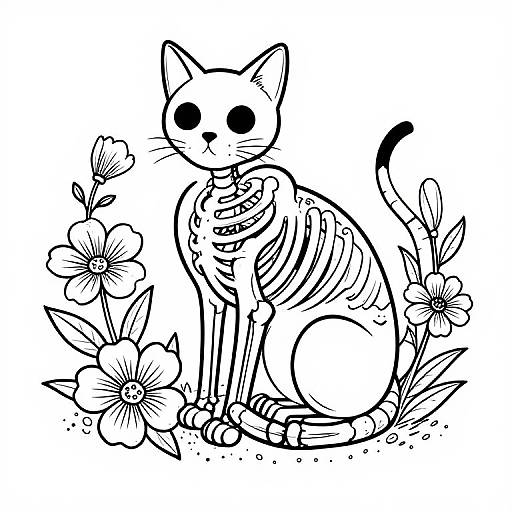 Black-and-white line drawing of a stylized cat with large, round eyes, sitting among flowers, holding a small object with its paw.