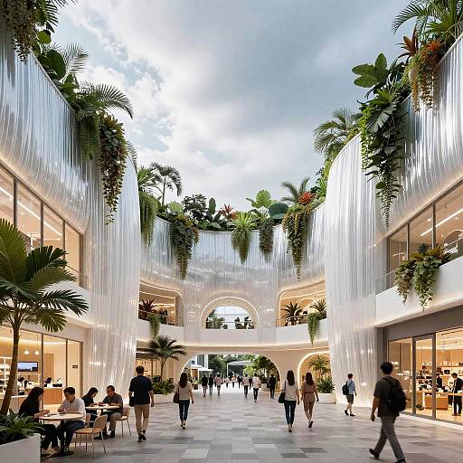 Photograph of a modern, two-story shopping mall with vertical, cascading white ribbons, lush greenery, and palm trees, featuring shoppers and
