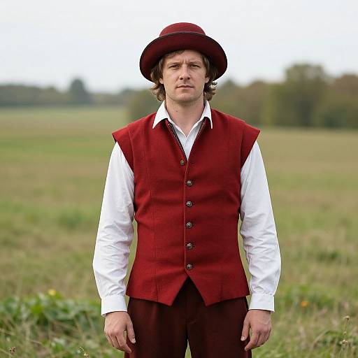 Photograph of a serious-looking man with wavy brown hair, wearing a red vest, white shirt, and brown hat, standing in a grassy