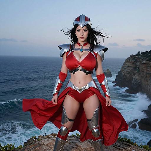 Digital art of a fierce, dark-haired warrior woman in red armor and silver accents, standing on a rocky cliff overlooking a stormy ocean.