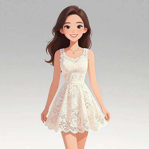 Digital illustration of a smiling Asian woman with long dark hair, wearing a white lace sleeveless dress, standing against a gradient blue background.
