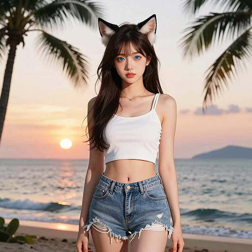 Young Woman with Cat Ears at Sunset