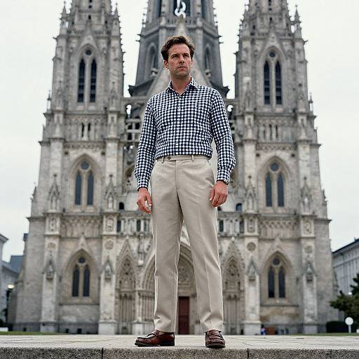 Photograph of a man in a black-and-white checkered shirt and beige pants standing in front of a Gothic-style cathedral.