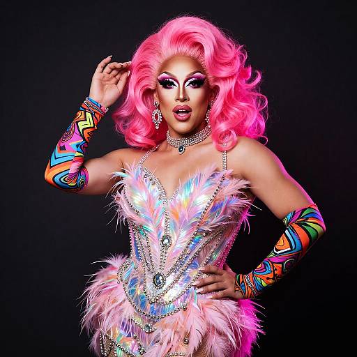Energetic Drag Performer in Neon Pink Wig and Feather Dress