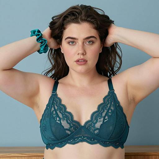 Plus Size Woman in Teal Lace Bra