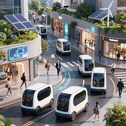 Photorealistic CGI of a futuristic city street with white self-driving electric buses, solar panels, greenery, pedestrians, and illuminated storefronts.
