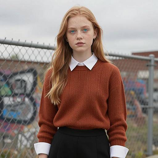 Photograph of a fair-skinned, red-haired teenage girl with blue eyes, wearing a white-collared, rust-colored sweater and black skirt,