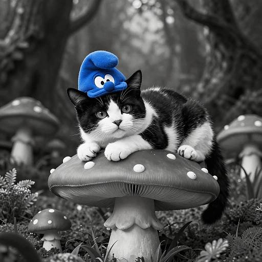 Playful Smurf Cat on Mushroom