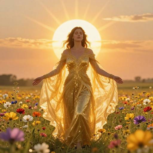 Photograph of a woman with wavy brown hair, wearing a golden, off-shoulder dress with a flowing cape, standing in a sunlit