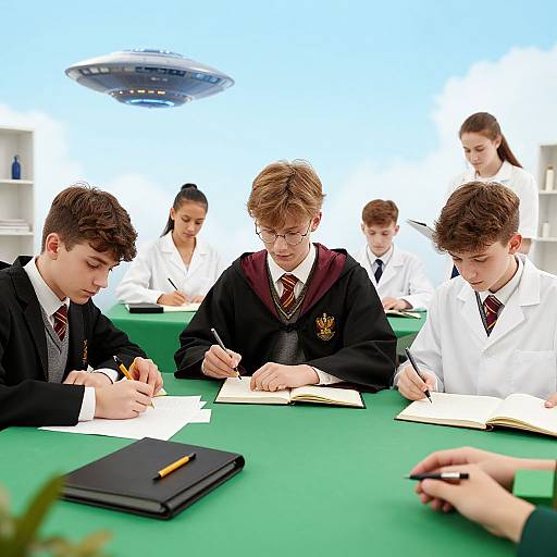 Photograph of students in school uniforms writing at green desks, with a UFO in the bright blue sky background.