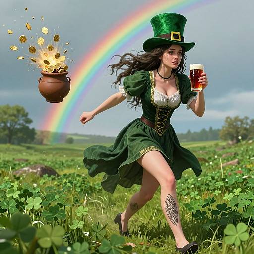 Digital artwork: Fair maiden in green dress and top hat, with flowing black hair, chasing gold coins from a pot under a rainbow, holding a beer