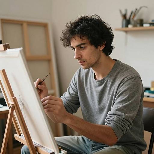 Photograph of a focused, curly-haired man in a gray sweatshirt painting on an easel in a bright, cluttered studio.