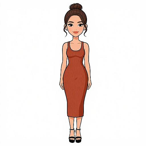 Digital drawing of a cute, fair-skinned woman with dark hair in a bun, wearing a red, form-fitting dress and black heels, standing