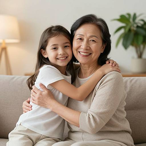 Photograph of an Asian grandmother with black hair, smiling, hugging her young daughter in a white shirt, sitting on a beige couch. Background includes