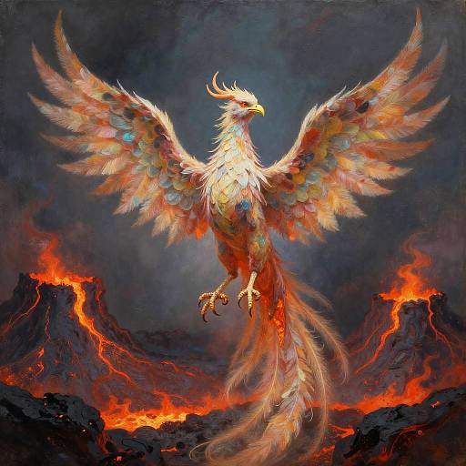 Digital painting of a fiery, winged phoenix soaring above volcanic mountains with glowing red lava, showcasing vibrant feathers and intense colors.