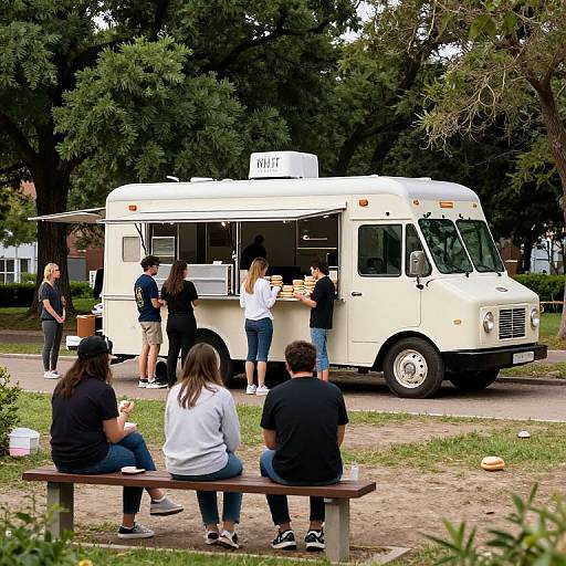 Photograph of a white food truck labeled 