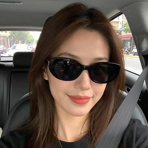 Chic Woman in Car with City View