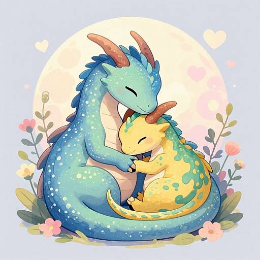 Charming digital illustration of two cute, hugging dragons with blue and yellow scales, red horns, and floral background, basking in a warm,
