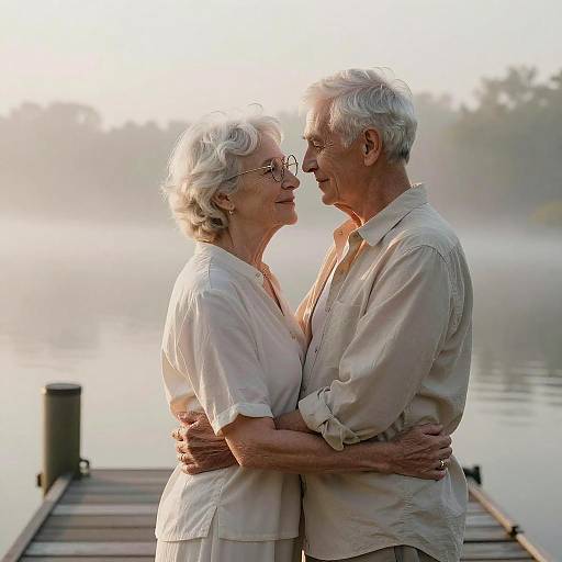 Photograph of elderly couple with white hair, glasses, and light clothing, embracing and smiling on a misty lake dock at sunrise.