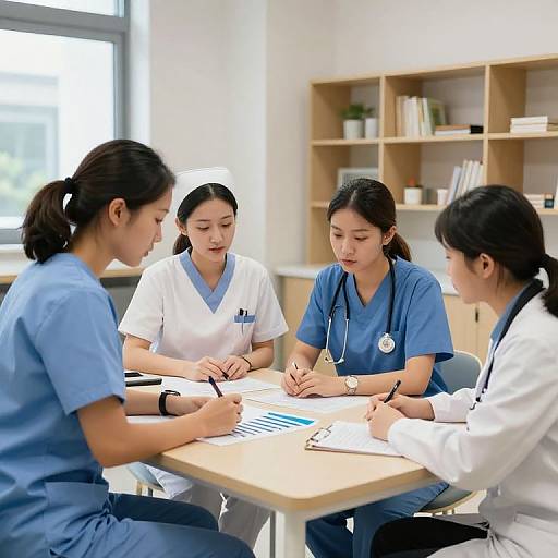 Photograph of four Asian female medical professionals in blue and white scrubs, seated around a table in a bright, modern office, discussing patient data.