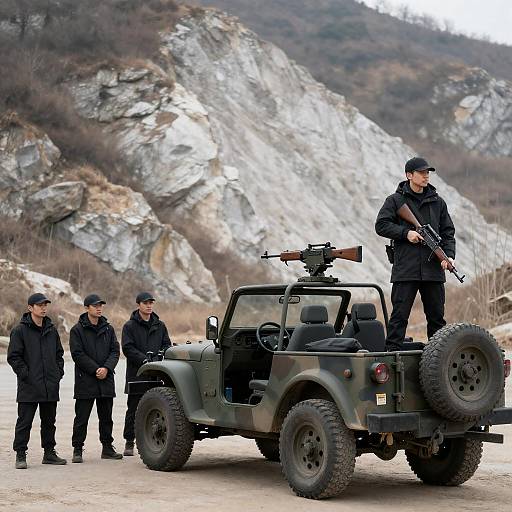Military Personnel with Camouflaged Jeep and Mounted Rifles