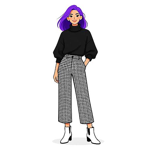 Digital illustration of a woman with purple hair, black turtleneck, and black-and-white checkered high-waisted pants, standing confidently.