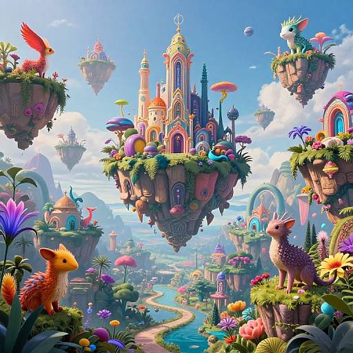 Vibrant digital fantasy landscape with floating, colorful, whimsical islands, towering spires, exotic flowers, and cute, fox-like creatures under a