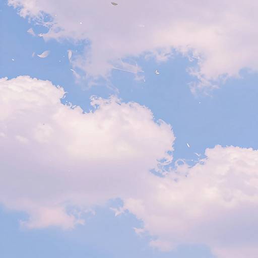Photograph of a bright blue sky with fluffy white clouds, scattered small birds flying, and a faint airplane in the upper center.