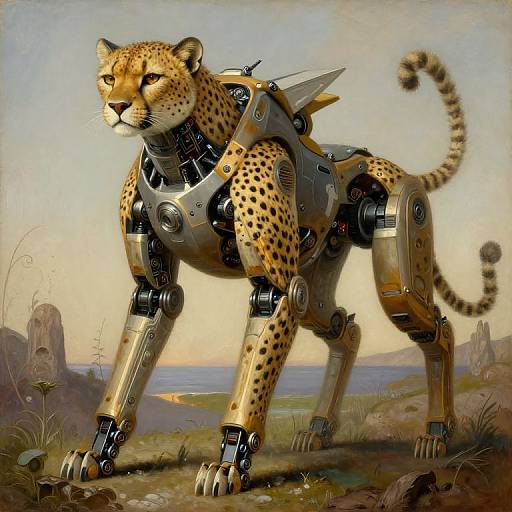 Digital art of a robotic cheetah with metallic joints and wings, standing on a grassy landscape at sunset. Sci-fi blend of nature and technology