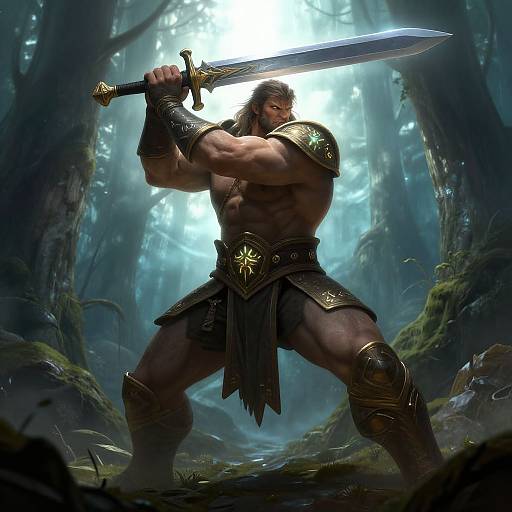 Muscular, bearded warrior with gold armor and dark loincloth, holding sword overhead in a misty, forested clearing. Digital fantasy art