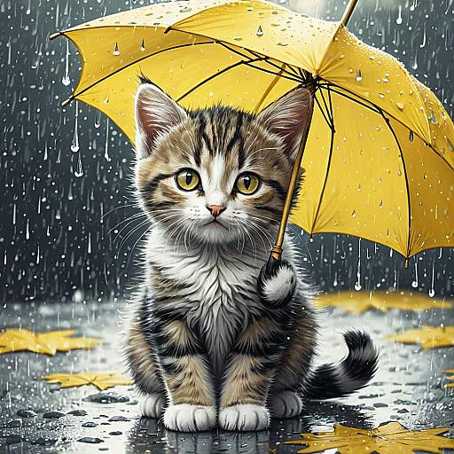 Kitten Under Yellow Umbrella in Rain