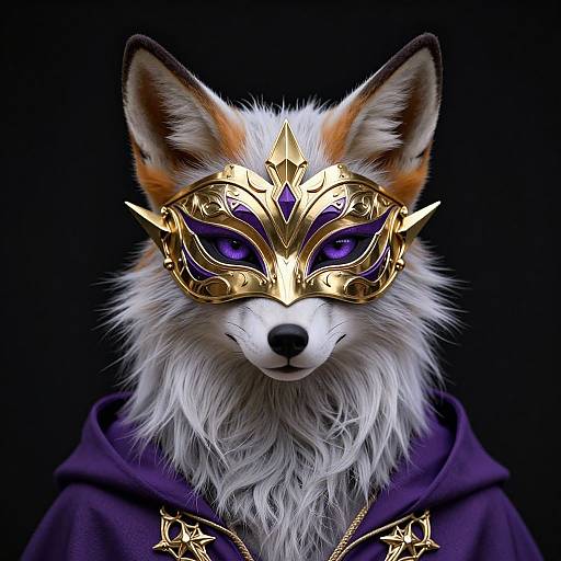 Digital art of a regal fox wearing a golden, ornate mask with purple accents, and a purple hooded cloak against a black background.