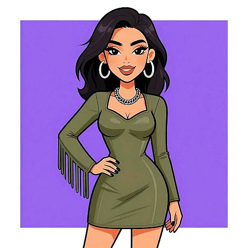 Digital cartoon of a confident woman with black hair, green dress with fringes, large hoop earrings, necklace, purple background.