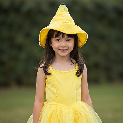 Photograph of a smiling young girl wearing a bright yellow dress and matching wide-brimmed hat, standing outdoors with a blurred green background.