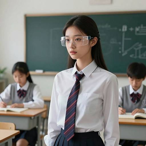 Photograph of an Asian female high school student with long black hair, clear glasses, white shirt, striped tie, and black skirt, standing in a