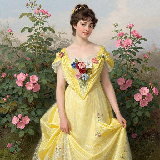 Victorian-style painting of a young woman with fair skin, dark curly hair, wearing a yellow floral dress, standing amidst pink roses.