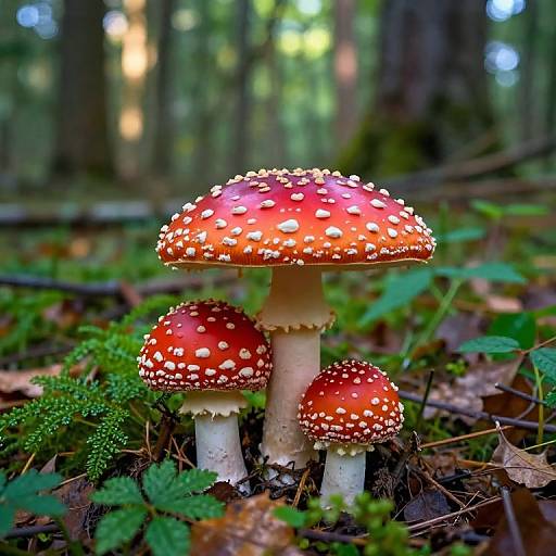 Photograph of two red-capped, white-spotted mushrooms with white stems, standing amidst green moss and leaves in a sunlit forest.