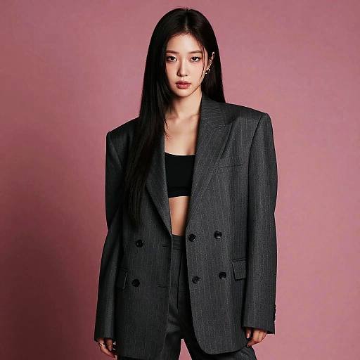 Photograph of an Asian woman with long black hair, wearing a black pinstripe blazer over a black crop top, standing against a pink background