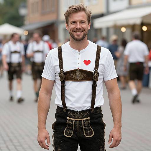 Smiling man with short brown hair, white shirt, black leather suspenders, and heart patch, standing in a bustling street. (Photograph)