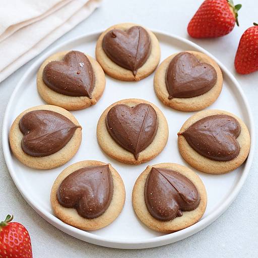 Photograph of eight heart-shaped chocolate-coated cookies on a white plate, with two whole strawberries in the background.