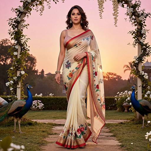 Photograph of a beautiful Indian woman in a cream and gold saree with red and green floral embroidery, standing between peacocks, in a sunset