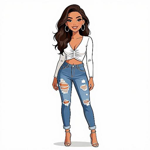 Digital illustration of a stylish woman with long black hair, wearing a white tied-knot blouse, ripped blue jeans, and high heels, against a white