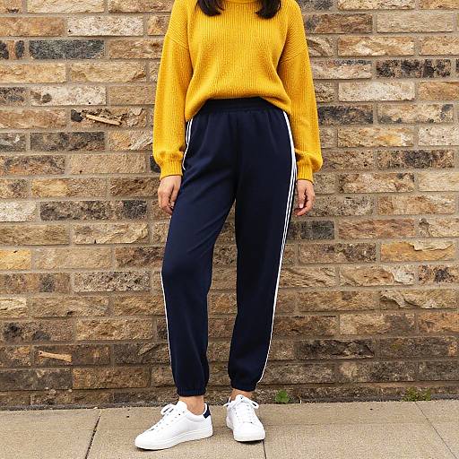 Photograph of a person in a yellow sweater, black track pants with white stripes, and white sneakers, standing against a brick wall.