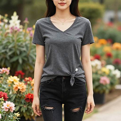 Woman in Grey V-neck T-shirt and Black Jeans in Flower Garden
