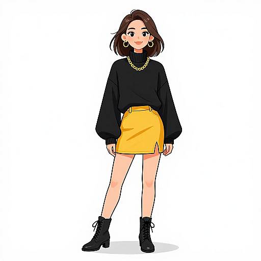 Digital illustration of a young woman with medium-length brown hair, wearing a black turtleneck, yellow skirt, black boots, gold necklace, and large