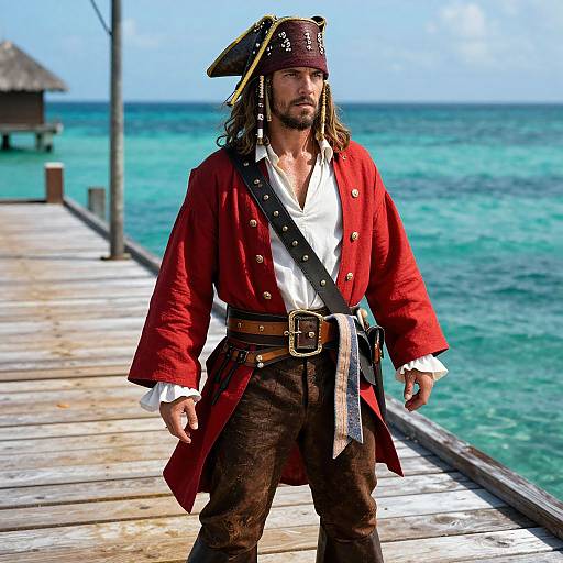 Photograph of a bearded man in a red pirate coat, white shirt, brown pants, and tricorn hat standing on a wooden pier with turquoise