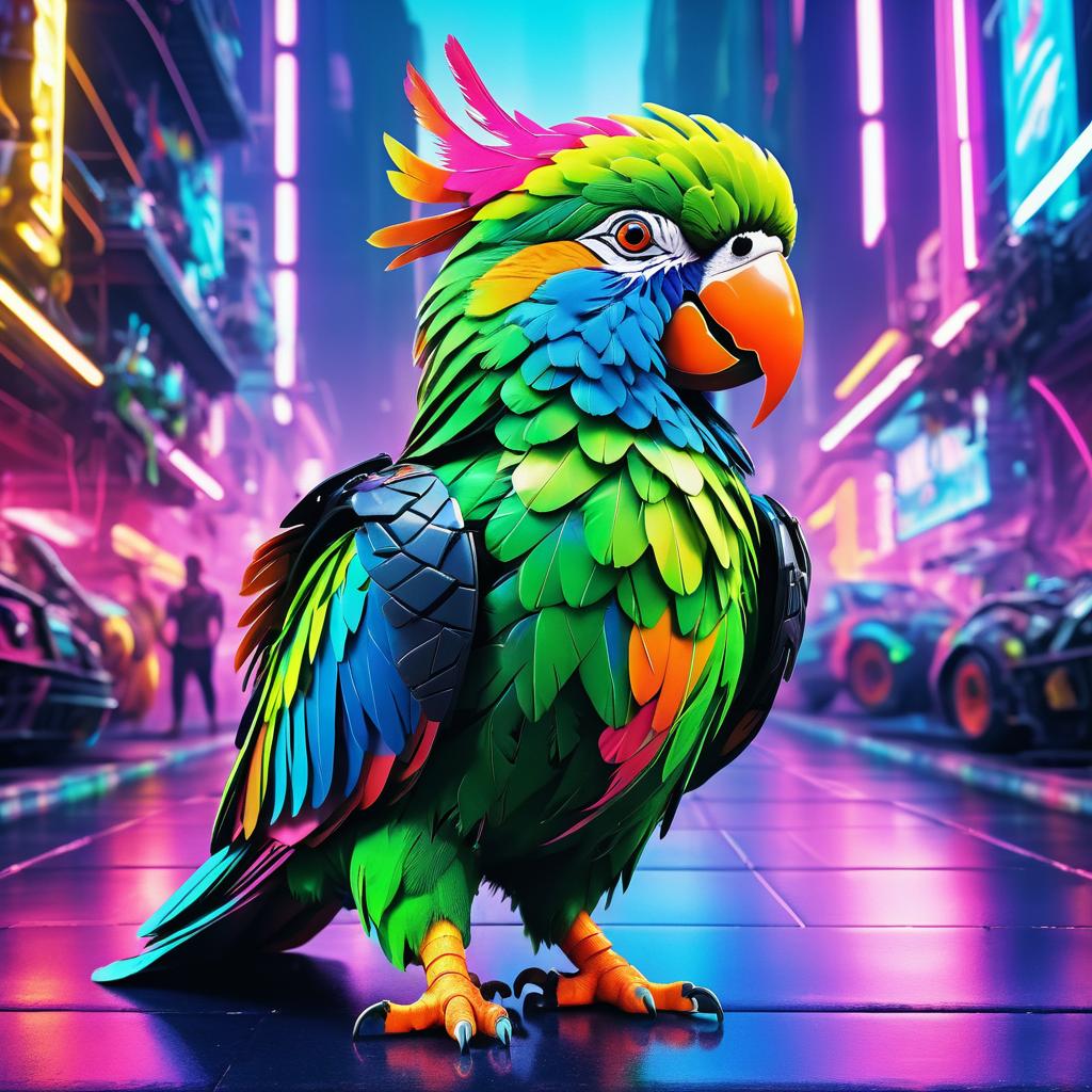 Cyberpunk Parrot in Neon Cityscape